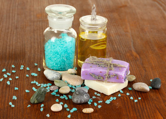 Fototapeta premium Beautiful spa setting on wooden table close-up
