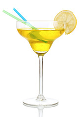 Yellow cocktail in glass isolated on white