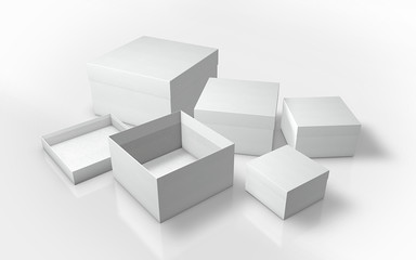 a series of cardboard boxes white, on a white background