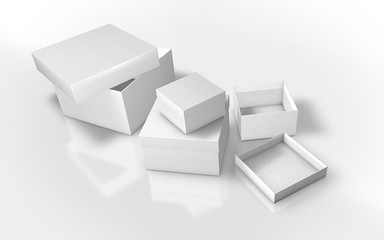 a series of cardboard boxes white, on a white background