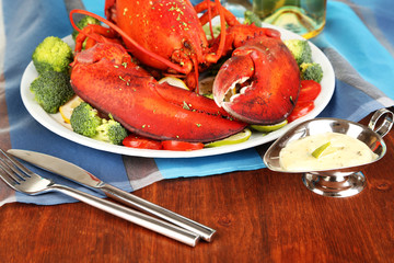 Red lobster on platter on serving table close-up