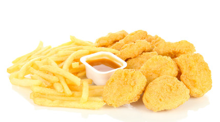 Fried chicken nuggets with french fries and sauce isolated