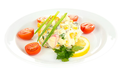 Small portion of food on big plate isolated on white