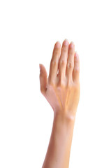Fototapeta premium Woman hand raised up. Isolated on white background.