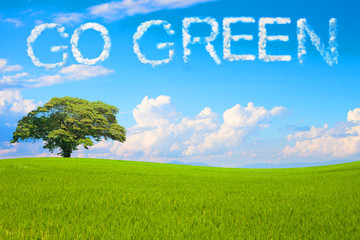 Go Green field and tree on clear blue sky