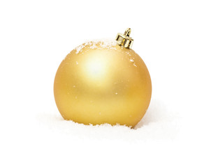 gold christmas balls with snow isolated on white