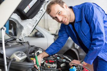 Mechanic repairing a car in a workshop or garage