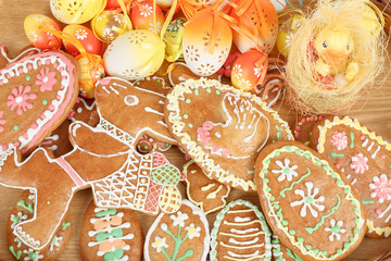 collection of easter gingerbreads and eggs