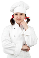 Woman chef in uniform isolated on white background.