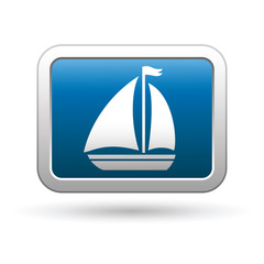 Sailboat icon on the blue with silver rectangular button. Vector