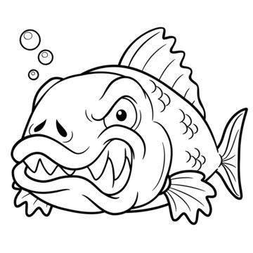 vector illustration of angry fish cartoon - Coloring book