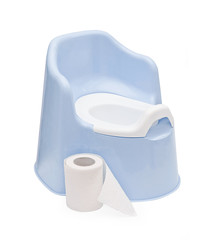 children's blue pot and toilet paper on a white background