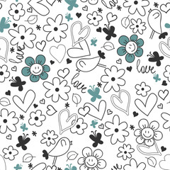 Romantic seamless background hearts flowers and birds