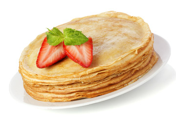 stack of pancakes. crepes with butter and strawberry isolated on