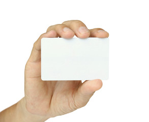 Male hand show blank card isolated on white background