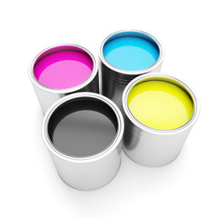 Printing technologies. CMYK colors, and four cans of paint on a
