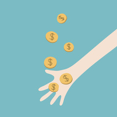 A hand catching falling coin