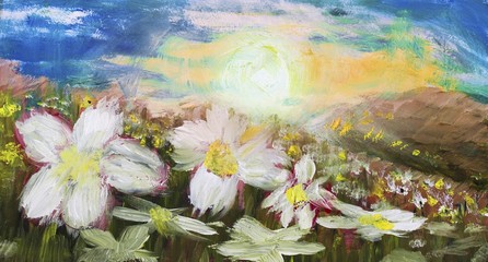painting of sunset over white flowers field