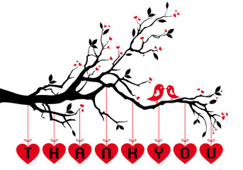 birds on tree with red hearts, vector