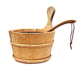 Wooden sauna bucket Isolated on a white background