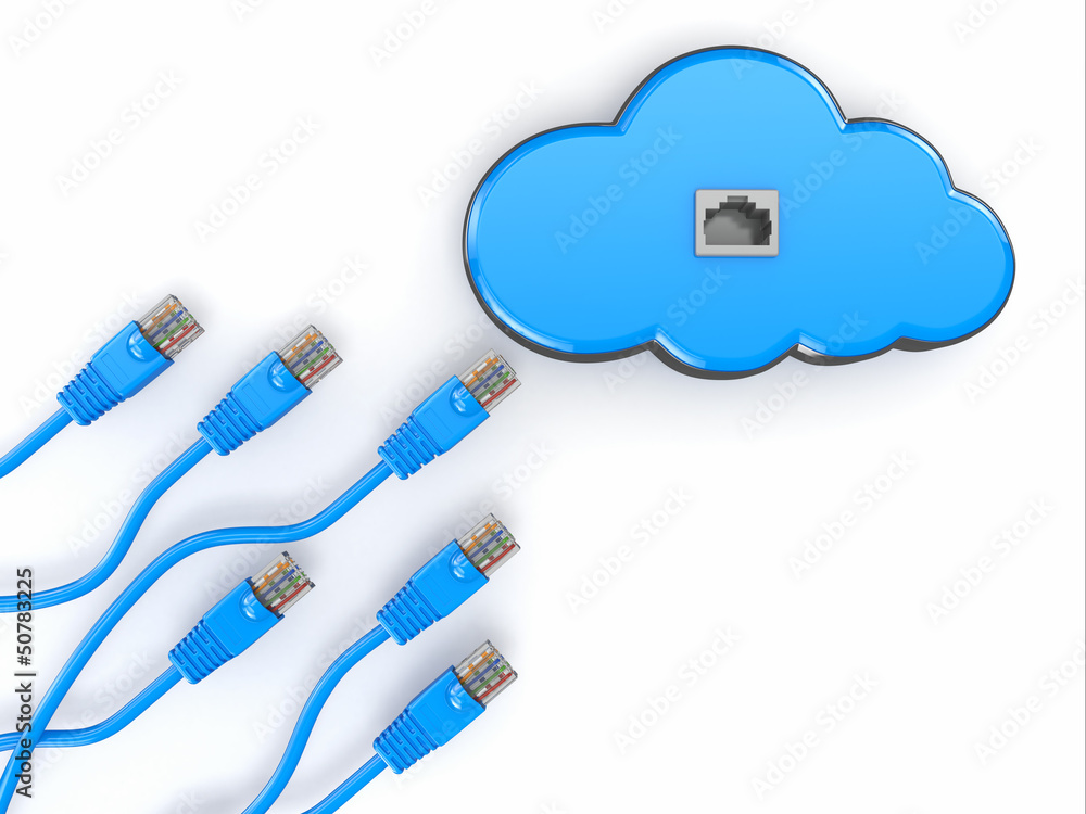 Aufkleber cloud computing concept. rj-45 plugs on white background.