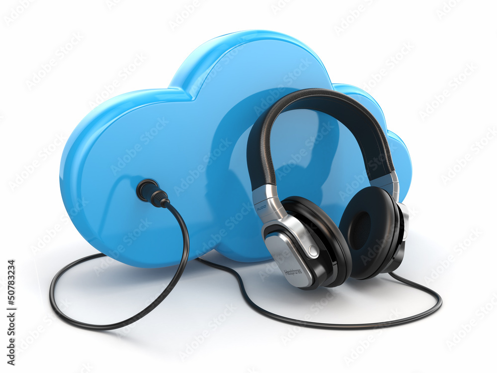Poster cloud computing multimedia concept. headphones and clouds.