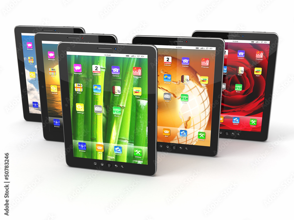 Poster group of digital tablet pc with different screen backgrounds