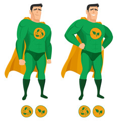 Recycling-Superheld in grüner Uniform mit Umhang