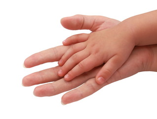 Baby small hand over female palm isolated on white. Love and tru