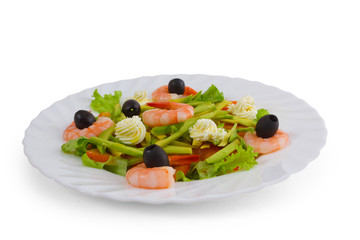 dish meal shrimp salad olives isolated on a white background