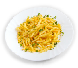 potatoes fries plate dill isolated on white background