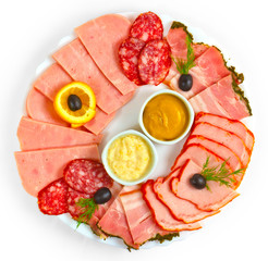 sausage sliced​​ mustard isolated plate isolated a on white