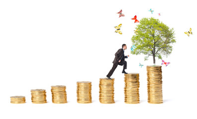Businessman and tree with butterflies on money stairs