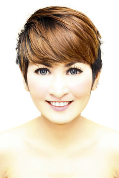 Pretty woman short hair smiling on white background