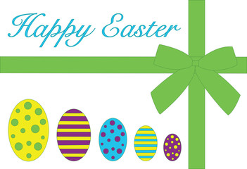 Happy Easter card with text, dyed eggs and green ribbon vector illustration
