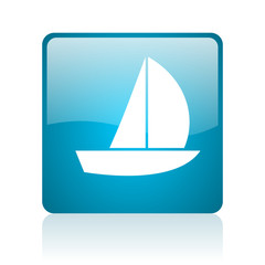 yacht blue square web glossy icon