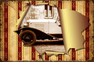No drill roller blinds Vintage Poster 3D Aufgerissene Tapete - Altes Auto
