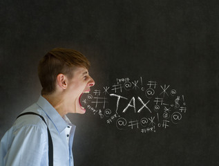 Angry man shouting at chalk income tax