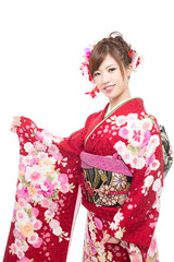 Beautiful kimono woman on white background