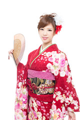 Beautiful kimono woman on white background