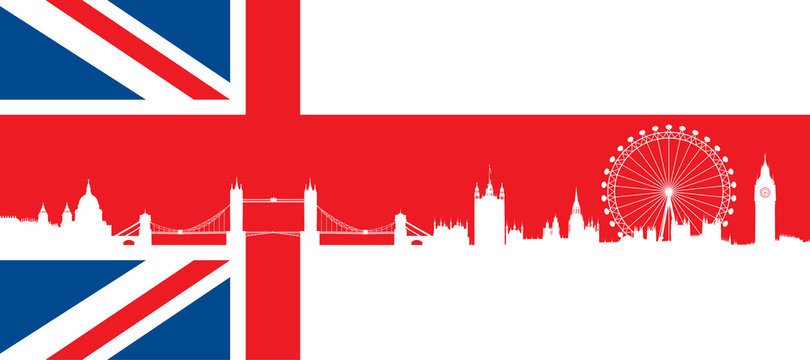 Fototapeta British flag  with very detailed  silhouette London skyline