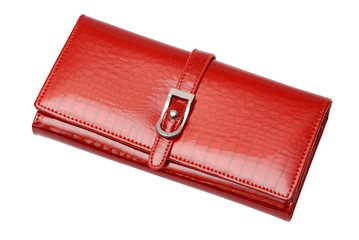 Woman red glossy wallet on the white background - obrazy, fototapety, plakaty