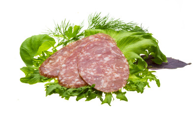 Sausages with salad and basil