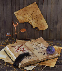 Magic book with ball and pentacle on the wall