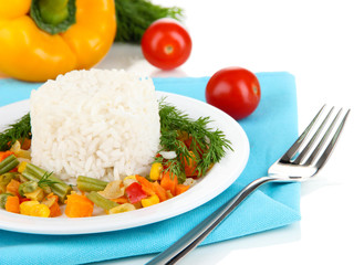 Delicious risotto with vegetables isolated on white