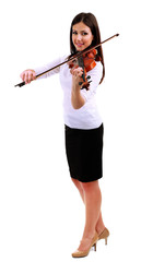 Beautiful young girl with violin, isolated on white