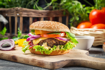 Closeup of burger made ​​from vegetables and beaf