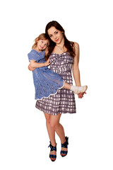 Two sisters, teenager and little girl. Isolated on white