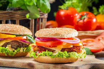 Closeup of two homemade hamburgers made from fresh vegetables