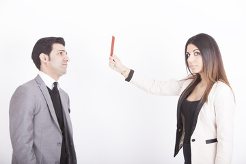 business woman showing executive red card